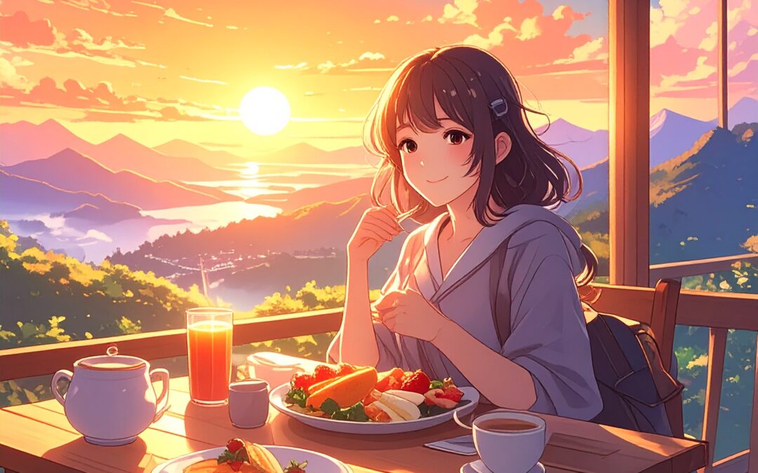 在山顶迎接日出享用早餐