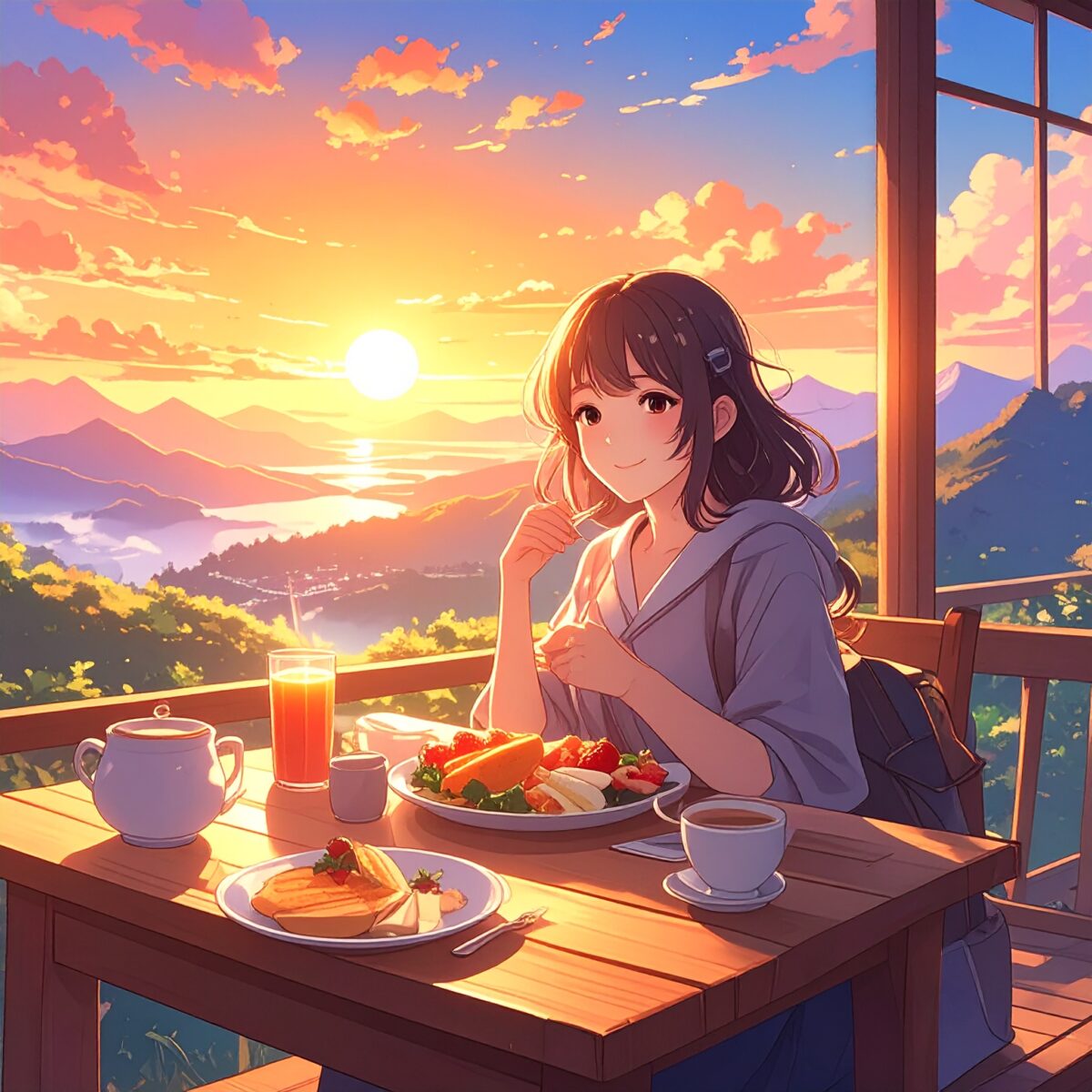 在山顶迎接日出享用早餐